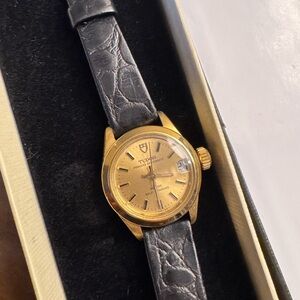 Tudor Women's Gold-Tone Watch with Black Leather Strap